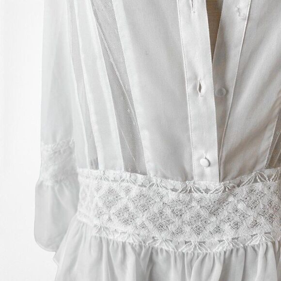 Candela White Sheer Lace Button Down Bell Sleeve Peplum Blouse Top Size XS - Picture 6 of 8